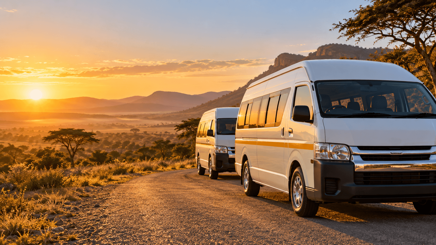 Two scholar transport minibuses on a road in Limpopo at sunrise