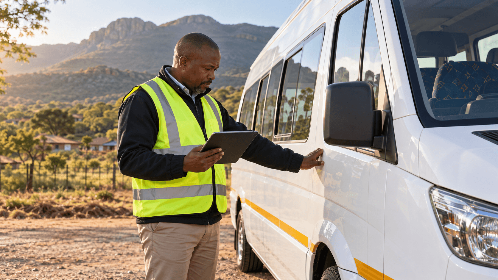 Transport operator beside a minibus during an inspection